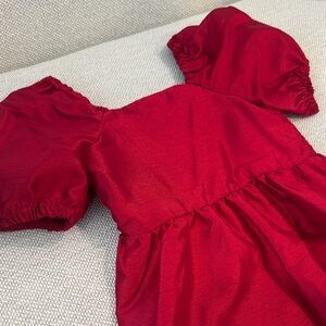 Dupioni Silk Style Red Girls Holiday Dress with Puff Sleeves